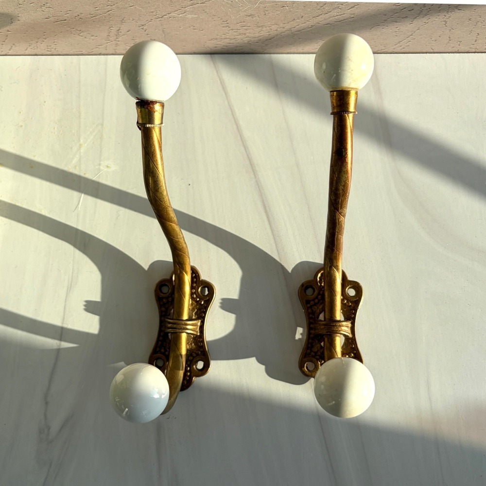 Vintage Brass Double Wall Hooks White Ceramic Ball Finials Set of 2 Gold Hangers